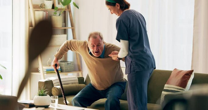 Help, walking and nurse with old man in home for assisted living, medical service and care. Retirement, healthcare and caregiver with elderly person for mobility, support and recovery with cane