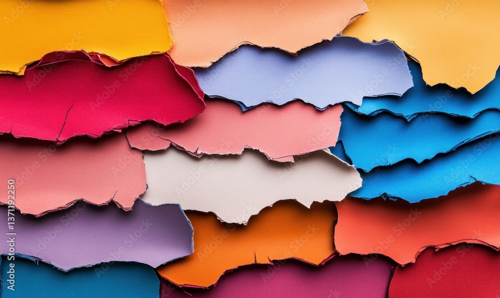 Poster overlapping torn paper creates a vibrant and textured abstract collage with a colorful effect.