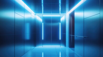 Futuristic Elevator Hallway: Neon Blue Glow