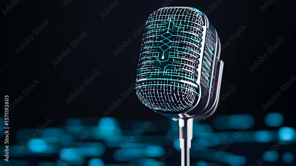 Poster digital microphone with turquoise pattern on dark background