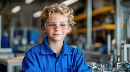 Young boy wearing safety glasses and work clothes in a workshop.  A focused and enthusiastic child in a work environment, ready to learn