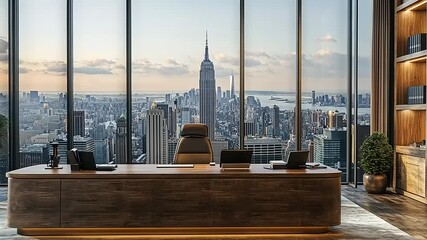 Modern office with skyline view and cityscape backdrop