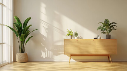 A modern interior featuring a wooden cabinet adorned with a green plant, abstract sculpture, and minimalist decor elements. Ideal for stylish living spaces.