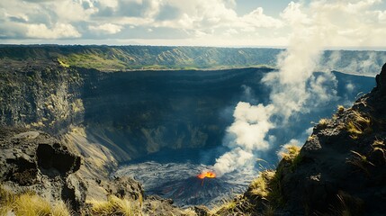 Fototapeta premium Volcanic Crater with Lava and Smoke
