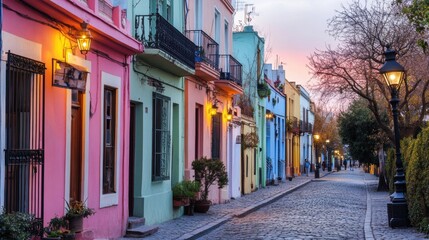 Obraz premium Charming cobblestone street in a colorful European neighborhood with warm streetlights creating an inviting ambiance at dusk