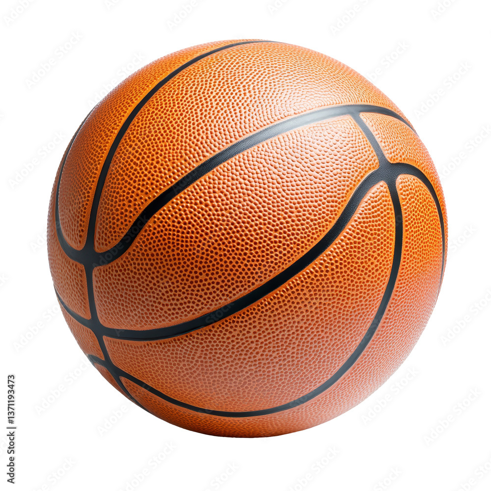Poster a detailed view of a basketball lying on a transparent surface, showcasing its texture and design fe