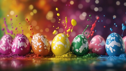Easter egg hd wallpapers. Colorful eggs on a white plate. A paint explosion splashed on the paint. Hd wallpapers featuring easter lifestyle eggs.