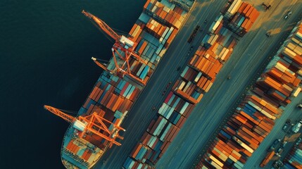 Obraz premium Aerial perspective showcases a container ship being unloaded in a busy port