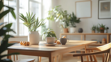Stylish scandinavian dining room interior with mock up poster frame, wooden table, furniture, cup of coffee, plant , cement fruits, nuts and elegant accessories.  Template. Modern home decor.
