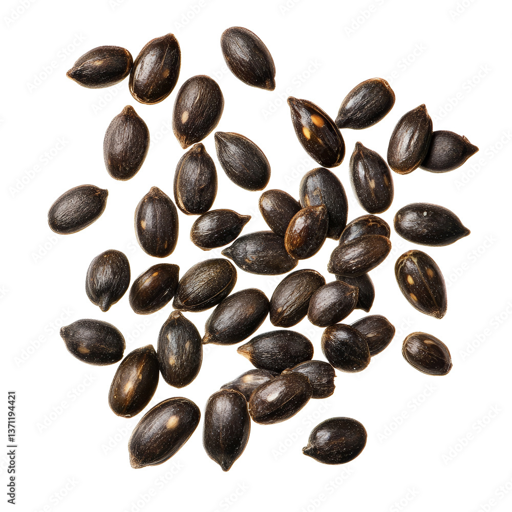 Poster isolated watermelon seeds scattered on a clean transparent background, highlighting their unique sha