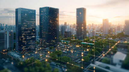 Aerial View Of Illuminated Cityscape At Sunset With Skyscrapers And Trees
