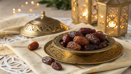 A luxurious Arabic metal plate with intricate geometric engravings, brimming with plump, glossy date fruits. The golden hues of the plate shimmer under soft ambient lighting