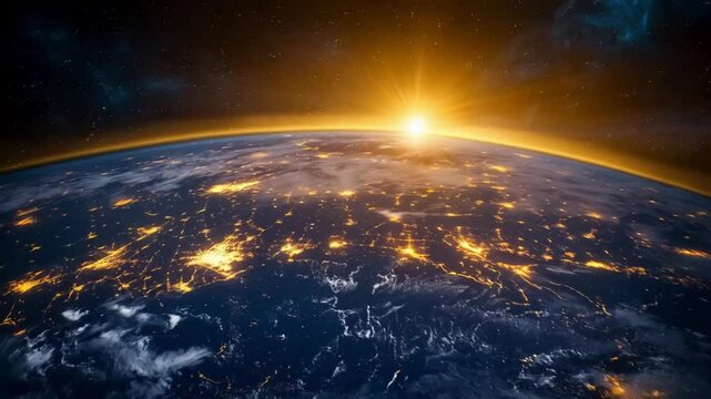 View of the Earth at night, with the sunrise in the background.  Smooth repeating motion for background video animation