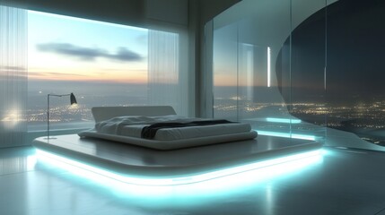 Fototapeta premium Futuristic Bedroom with City Lights View