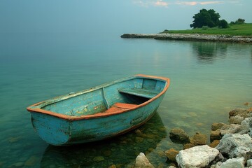 Obraz premium Old rowboat rests in clear water near the rocky shoreline under a serene, misty sky