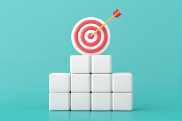 Arrow hitting a 3D target icon atop stacked white cubes, symbolizing business growth and strategy. (3d-icon)