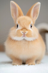 Obraz premium Cute fluffy bunny sitting on soft surface indoors in warm lighting