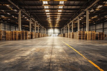 Obraz premium Large industrial warehouse interior with stacks of wooden pallets. Perfect for illustrating storage, manufacturing, logistics, or industry.