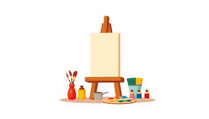 Blank canvas on wooden easel with painting supplies, creative inspiration