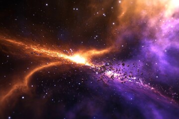 shattered star from a collision, highlighting the vibrant hues of scattered stellar material against the dark abyss