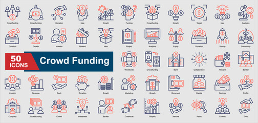 Crowd Funding Icon Collection Set. Donation, Funding, Investor, Revenue, Capital, Savings, cash icon. Line Color Style Ilustration