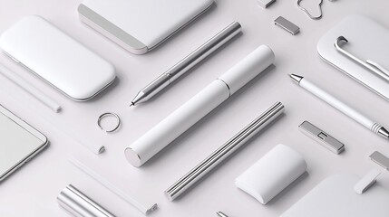 Elegant Workspace Arrangement Featuring Modern White and Silver Stationery