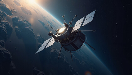 Satellite Orbiting Earth Against Cosmic Background, Hovering satellite     