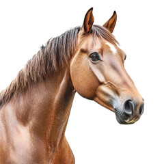 Fototapeta premium Brown horse head isolated on a transparent background showcasing its features and expression in clear detail, horse head isolated on transparent background