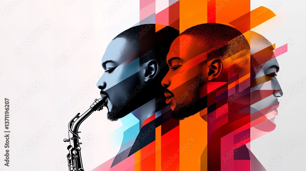 Poster man playing saxophone is depicted with overlaid colorful geometric shapes and a duplicate profile on