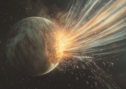 nanite swarm consuming a planet, showcasing the glowing energy trails of nanites and breaking up of crust layers of the planet