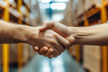 Two people shaking hands in a warehouse environment. It shows business success, partnership and collaboration.