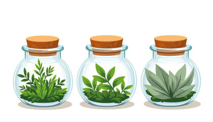 Fresh herbs in glass jars on white background, culinary inspiration