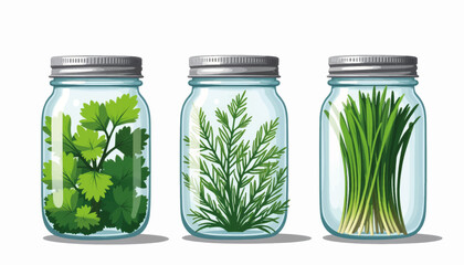 Trio of glass jars showcasing fresh herbs on white surface, culinary freshness