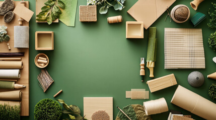 Flat lay of creative architect moodboard composition with samples of building, textile and natural materials and personal accessories. Top view, green background, template.