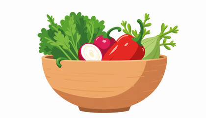 Colorful raw vegetables in a wooden bowl, healthy eating concept