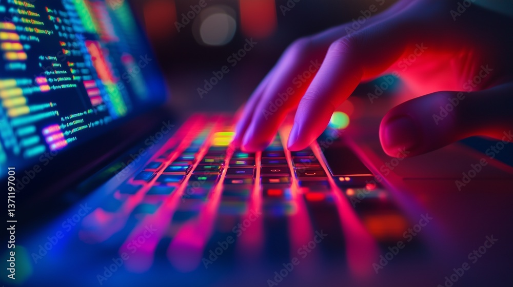 Poster person typing on a laptop screen. a hand typing on a colorful laptop keyboard. innovation code for c