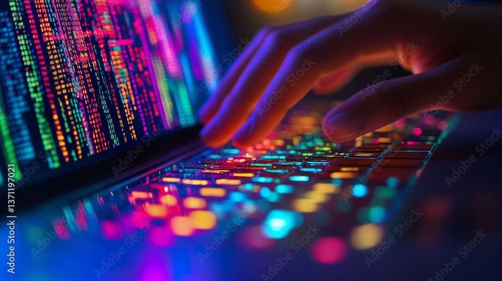 Poster person typing on a laptop screen. a hand typing on a colorful laptop keyboard. innovation code for c