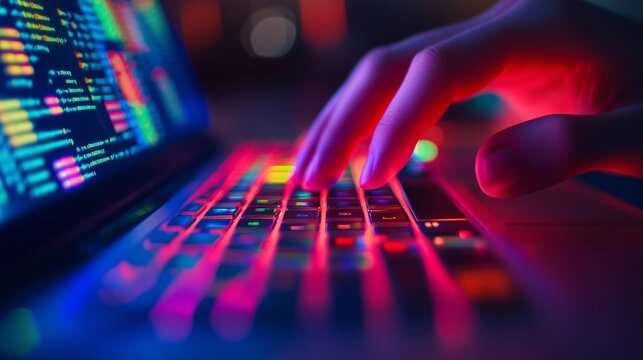 Person typing on a laptop screen. A hand typing on a colorful laptop keyboard. Innovation code for creativity and innovation. An individual using a laptop keyboard lifestyle. - Powered by Adobe