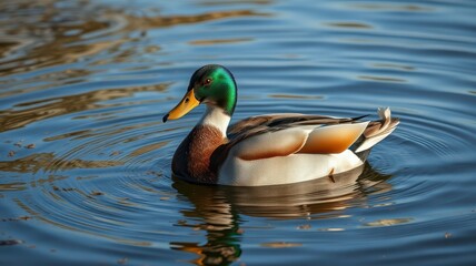 Obraz premium Colorful male duck swims gracefully in a serene pond surrounded by calm water ripples