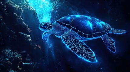 Fototapeta premium Bioluminescent sea turtle gliding gracefully through ethereal underwater realm