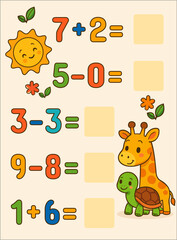 A cute math worksheet for kids with colorful addition and subtraction problems. Features a smiling sun, a friendly bear, and playful leaves. Fun and educational design for young learners.