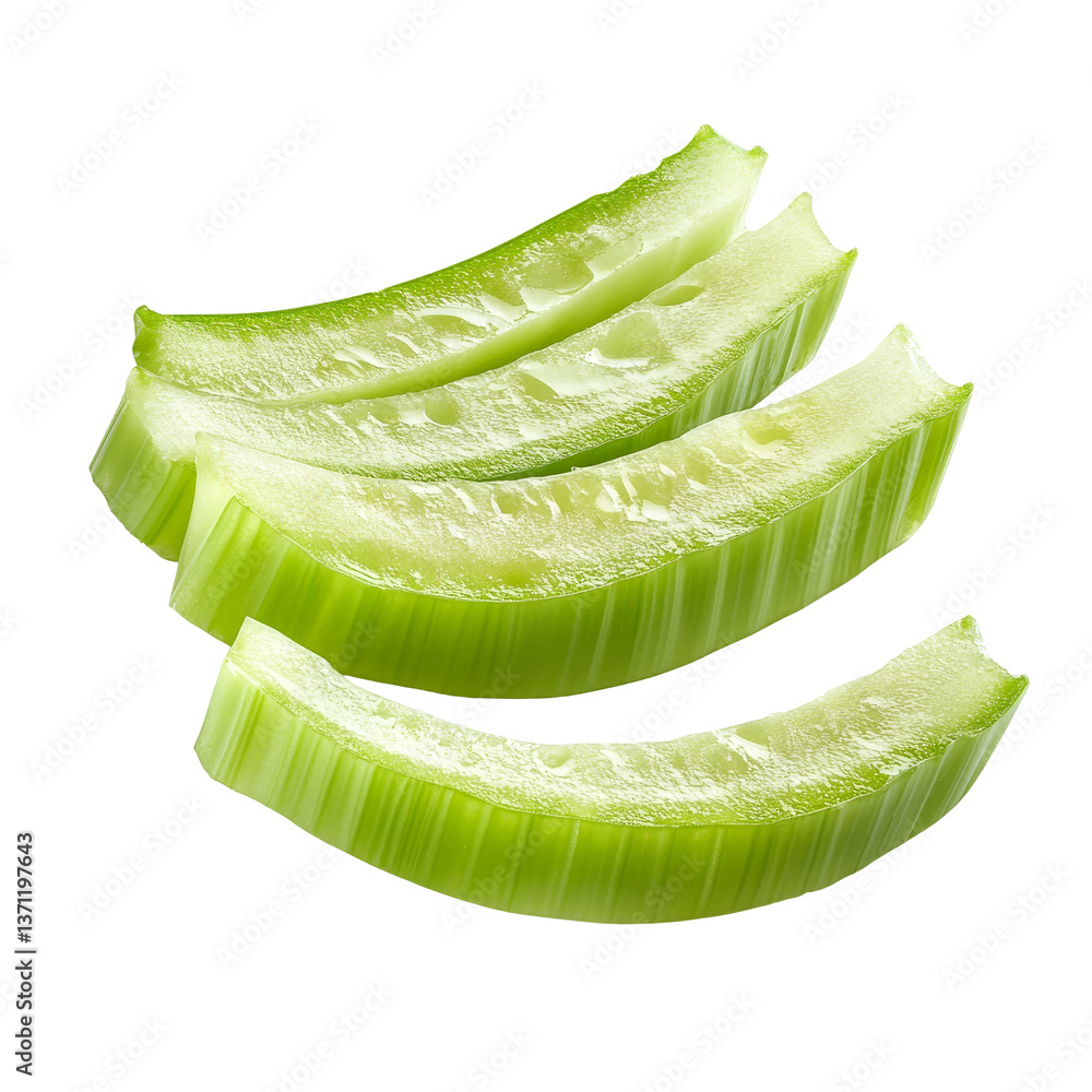 Poster freshly sliced celery stalks arranged neatly on a transparent background, showcasing their vibrant c