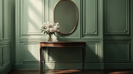 Elegant Interior with Green Panel Walls Wooden Console Table Oval Mirror and Floral Arrangem