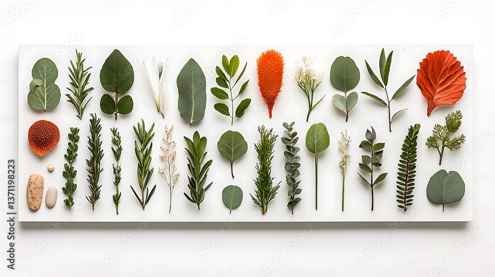 Aufkleber collection of various botanical elements arranged on a white surface