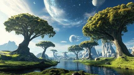 Landscape of an alien planet with fantastic trees and sci-fi background