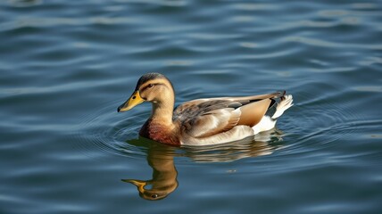 Fototapeta premium Duck swimming peacefully on a calm lake surrounded by rippling water under clear skies