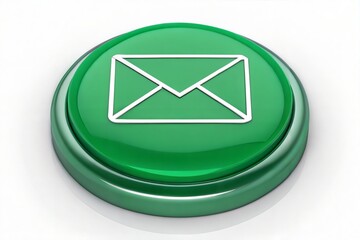 3D rendering of an email icon on a glossy green button, symbolizing digital communication. (3d-icon)
