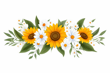 Naklejka premium Vibrant sunflowers and daisies floral arrangement with green leaves, isolated on white