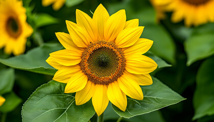 Vibrant yellow sunflower in full bloom, surrounded by lush green foliage