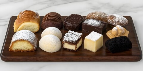 Assorted Delicious Cakes and Chocolates on Wooden Board